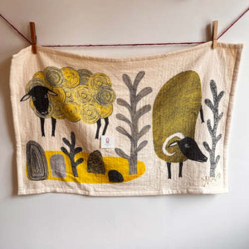 Sheep (Let's Come and Get It) Yellow Tea Towel by Morita Miw – Pink Moon Goods