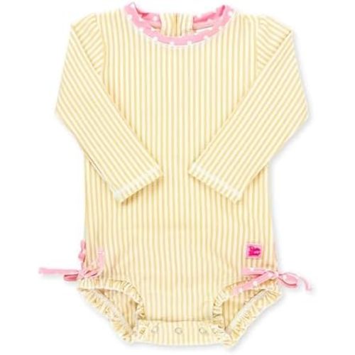 RuffleButts Baby-Girls Seersucker Long Sleeve Rash Guard - One Piece Swimsuit UPF 50+ Toddler