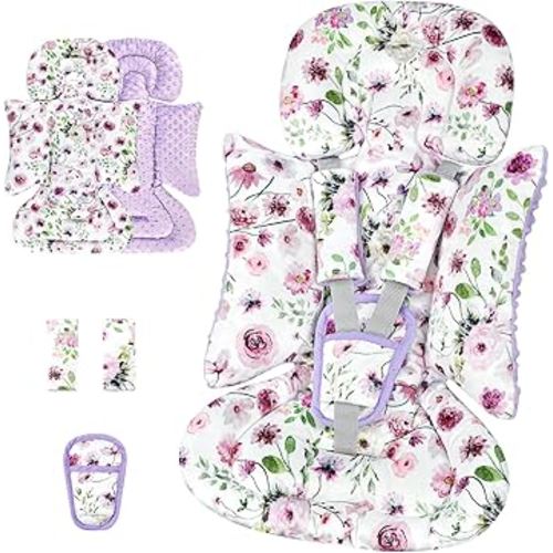3-in-1 Infant Car Seat Insert, Soft Head and Body Support,Ultra & Strap Covers Set, Reversible Newborn Car Seat Cushion Pad for Baby Boy & Girl fits Stroller, Swing, Bouncer (Purple Flowers)