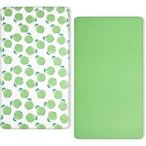 TILLYOU Baby Standard Crib Sheets, 2 Pack Fitted Baby Crib Mattress Cover, Soft Breathable Baby Bed Sheets for Crib 28x52x5in(Green Apple)