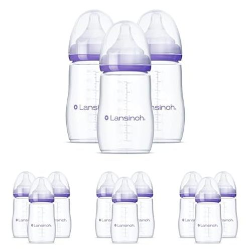 Lansinoh Anti-Colic Baby Bottles, BPA-Free Plastic, 8 Ounces, 3 Count, Medium Flow Nipples (Size M), Breastfeeding Bottle with NaturalWave Design