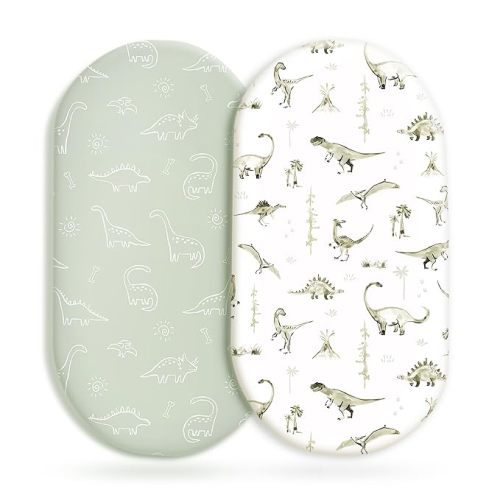 Stretch Ultra Soft Fitted Bassinet Sheet Set 2 Pack, Universal Fit for Bassinets Baby Cradle Moses Basket Oval Rectangle Mattress Safe and Snug, Dinosaur