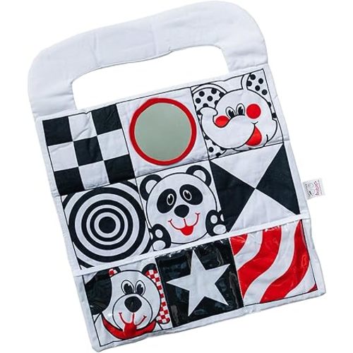 Reversible Car Activity Center Toy for Baby in Black, White and Red, Easy to Attach, with Baby Safe Mirror