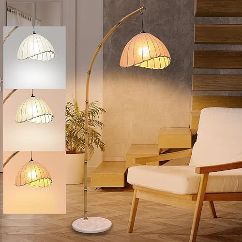 Arc Floor Lamp for Living Room with 3 Color Temperatures, Farmhouse Floor Lamps with Bulb, Boho Standing Lamp, Fabric Shades, Tall Lamp for Bedroom, Office