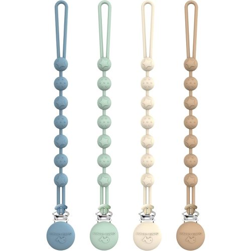 Cuddle Campus Silicone Pacifier Clip Holder with One Piece Design, Pack of 4 Soft Flexible Binky Clips with Texture for Baby Boy and Girl Set 1(6M+)