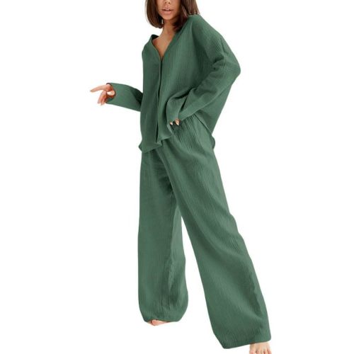 codcm Womens Cotton Gauze Loungewear Sets Casual 2 Piece Sleepwear Button Down Shirt and Wide Leg Pants Outfits