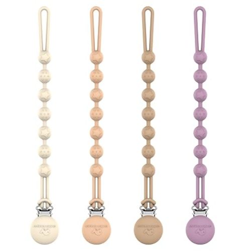 Cuddle Campus Silicone Pacifier Clip Holder with One Piece Design,Soft Flexible Binky Clips with Texture for Baby Boy and Girl Pack of 4(6m+)