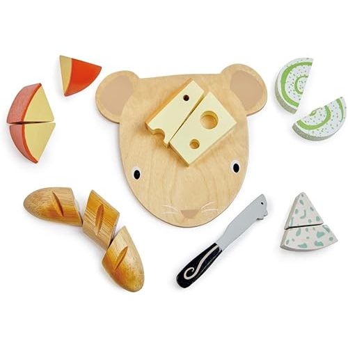 Tender Leaf Toys - Cheese Chopping Board - Wooden Play Food Set with 4 Choppable Cheeses, Baguette, Wood Knife and Illustrated Board - Improves Fine Motor Skills - Develops Social Skills - Age 2+