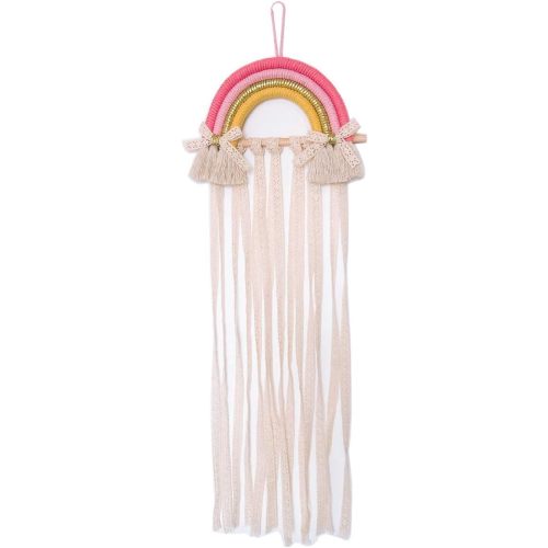 NICROLANDEE Rainbow Tassels Hair Bows Holder Hanging - Baby Hair Accessories Storage Headband Holder Hair Clips Organizer Wall Hanger Decor for Baby Girls Room Ornament (Pink Yellow)