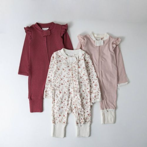 Picolette by Olivia Culpo Baby Girls' 3pk Long Sleeve Pajama Romper fold over footie cuff - Pink/white 0-3M