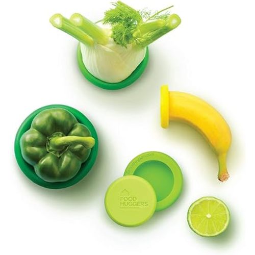 Food Huggers 5pc Reusable Silicone Food Savers | BPA Free & Dishwasher Safe | Fruit & Vegetable Produce Storage for Onion, Tomato, Lemon, Banana, Cans & More | Round, Fresh Greens