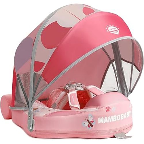 Mambobaby Float Add Tail No Flip Over Non-Inflatable Baby Swim Float Pearl Foam Solid Water Floats Smart Swim Trainer Infant Pool Float Swim Ring with Sun Canopy