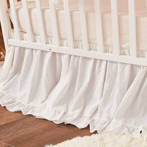 Brandream Boho Bohemian Baby Nursery Crib Bed Skirt Dust Ruffle - Neutral Solid Color Beige Cream Off White Farmhouse Chic 100% Washed Cotton Ruffle