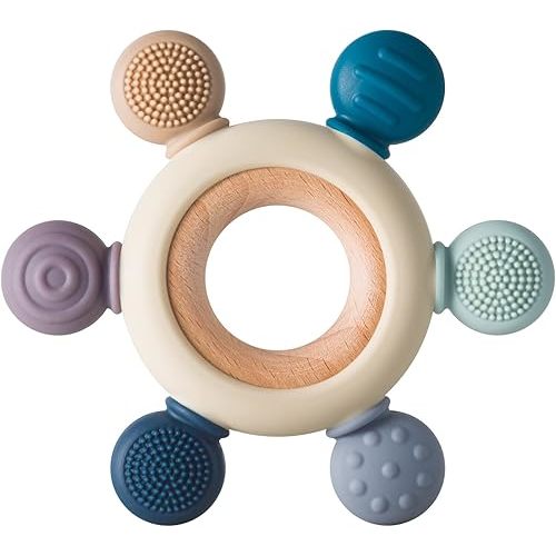 Baby Teething Toys Silicone Teethers BPA Free Silicone Rudder with Wooden Ring Soothe Babies Gums (Gray)