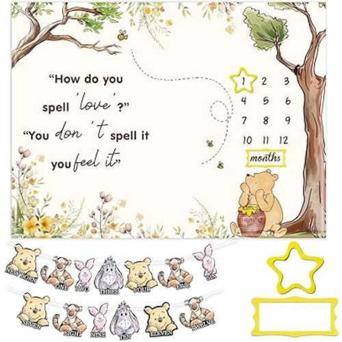 Winnie Milestone Blanket,The Pooh Baby Nursery Decor Monthly Milestone Blanket,Winnie Baby Stuff Newborn Photography Background Decor, with Party Banner for 1st Birthday Decoration