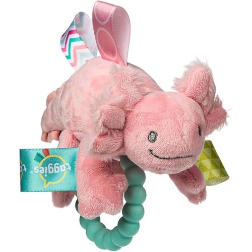 Soft Baby Rattle with Soothing Teether Ring and Sensory Tags, 6-Inches, Lizzy Pink Axolotl