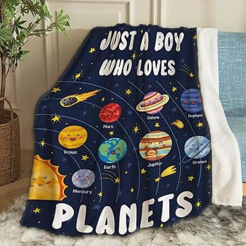 Just A Boy Who Loves Planets Solar System Space Throw Blanket Fannel Fleece Super Soft Funny Blanket Travel Throw Blanket for Bed Couch Sofa 40 x 30 Inch for Baby