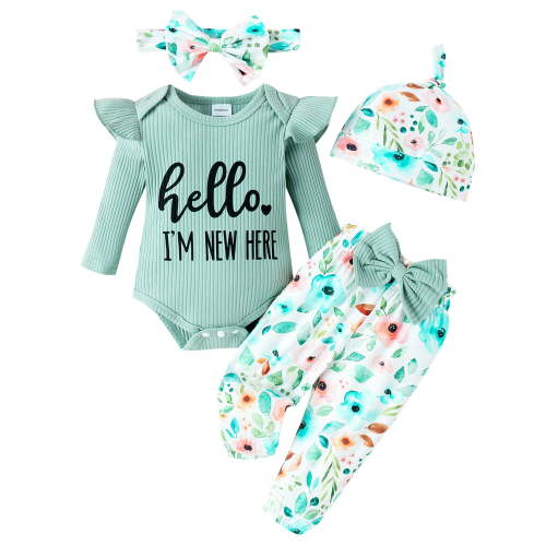 WIBACKER Newborn Baby Girl 4Pcs Outfit, Infant Girl Outfits Long Sleeve Ruffle Romper + Floral Pants + Headband +Hat Set Clothes