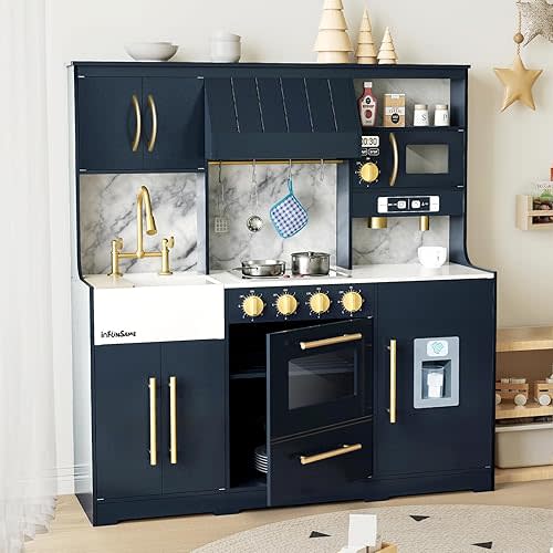 Play Kitchen for Kids with Various Interactive Pretend Wooden Kids Kitchen playset Play Features and 14 Pcs Toddler Kitchen Accessories, Toy Kitchen Set for Boys and Girls Ages 3+