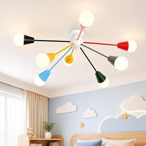 33” Kids Ceiling Light Fixture, Colorful 8-Light Sputnik Chandelier Lighting, Modern Semi Flush Mount Ceiling Lamp for Children Bedroom, Dining Room, Kitchen, Entryway, Playroom, Multi Color