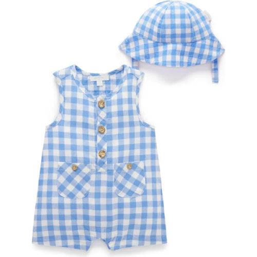 Linen Blend Romper & Sunhat Ocean Gingham - Purebaby Rompers | Maisonette