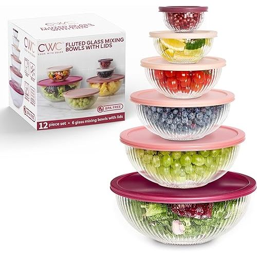 COOK WITH COLOR 12 Pc Glass Mixing Bowl Set with Lids – Borosilicate Glass Nesting Bowls for Cooking, Baking and Meal Prep, Fluted Rose