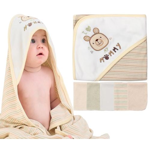 6-Pack Organic Cotton Baby Hooded Towel & Washcloths Set - Ultra Soft, Reusable, for Newborns, Perfect for Infants & Toddlers, Unisex Gifts, White Bear, 30 x 30 Inches