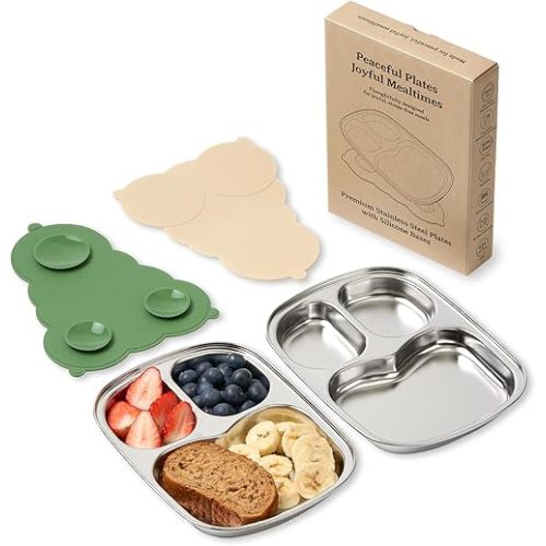 Stainless Steel Divided Toddler Plates with Dual Suction, Premium Korean 304 Steel, Electro-Polished, No Black Residue, Baby & Little Kids Food Tray Feeding Set – 2 Plates + 2 Bases (Sage & Sand)