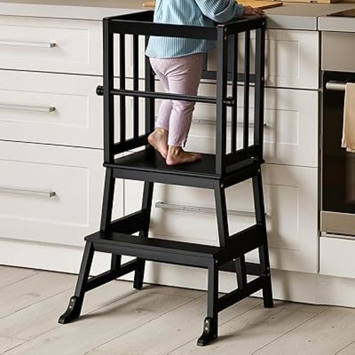 COSYLAND Kids Kitchen Step Stool Helper Baby and Toddler Multi-Function Step up Nursery Helper Stand with Safety Rail in Natural Bamboo, Strong and Lightweight 1.5-3 Years (Black)
