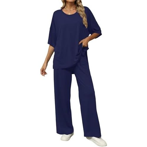 KevaMolly 2 Piece Lounge Set for Women Postpartum Oversized Tops and Wide Leg Pants Soft Comfy Pajamas Set 2 Piece Outfits