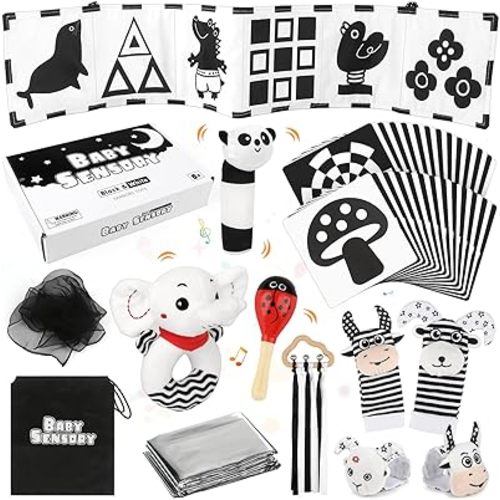 Dreamon 32 PCS Black and White High Contrast Baby Toys for Newborn - Baby Sensory Toys for 0-3 Months Brain Development - Infant Toys for 0-6 Months Baby Boy Girl Gifts - Montessori Tummy Time Toys
