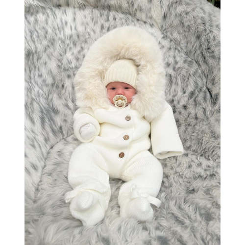 Beautiful Ivory Knitted Pramsuit with Synthetic fur trim.