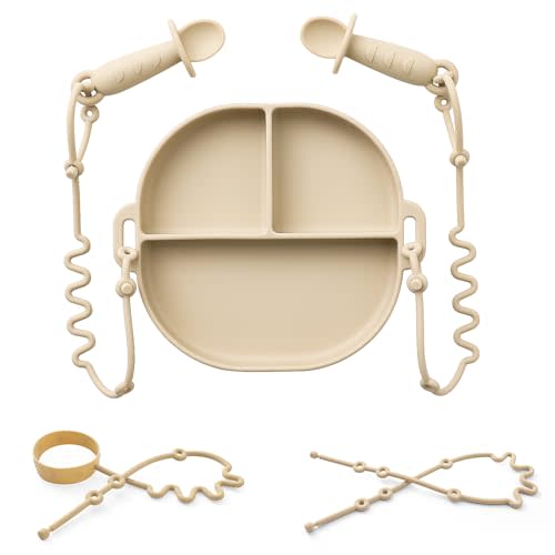 Andy Bear Silicone Plates for Babies with Suction Divided Baby Spoons Silicone Baby Toy Straps All-in-one Plates Silicone Placemat for Babies Toddlers Attachable Tethers & Built-in Suction Cups-Ivory