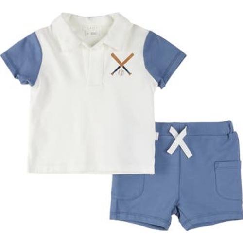 Baseball Print Colorblock Polo & Shorts Set