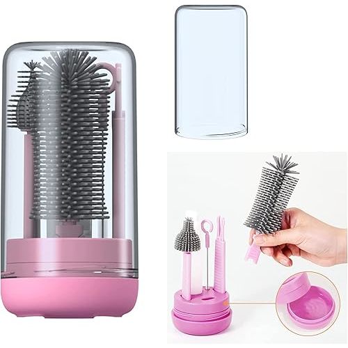 Travel Baby Bottle Brush Set with Liquid Silicone Bottle Brush，Nipple Brush，Straw Cleaner Brush，Baby Bottle Soap Dispenser for Baby Bottle Cleaning, Gift for Newborn Mothers, Cobalt Pink