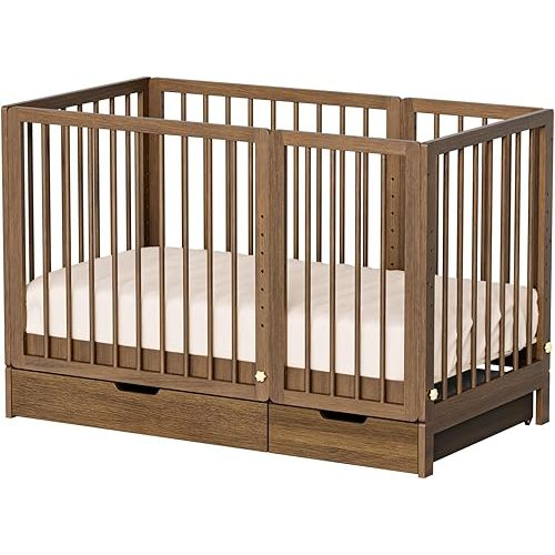 JOYMOR 8 in 1 Convertible Crib with Changer, Include 2” Mattress, Converts to Bassinet, Mid Crib, Full Size Crib, Daybed,Toddler Bed and Playard (Crib with Drawer, Honey Wood)