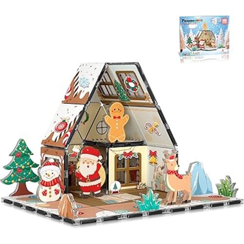 PicassoTiles Magnetic Tiles Christmas Gingerbread House Character Action Figure Santa Snowman Gingerbread Man Theme Construction Kit Magnet Building Blocks STEM Learning Gifts Toys PTQ09