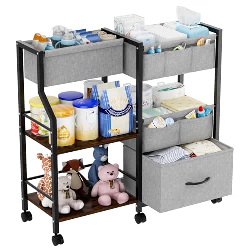 Baby Diaper Caddy Organizer and Storage, 3 Tier Rolling Cart with Dividers and Drawers, Mobile Utility Cart with Wheels for Nursery, Bedroom, Baby Newborn Essentials Storage Cart, Black