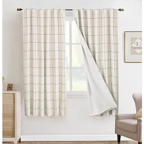 DriftAway 2 Panels 100% Blackout Windowpane Plaid Linen Curtains Double Layer Drapes for Bedroom 63 Inches Long Farmhouse Thermal Insulated 3.25 Inch Rod Pocket Back Tab for Living Room Loden Green