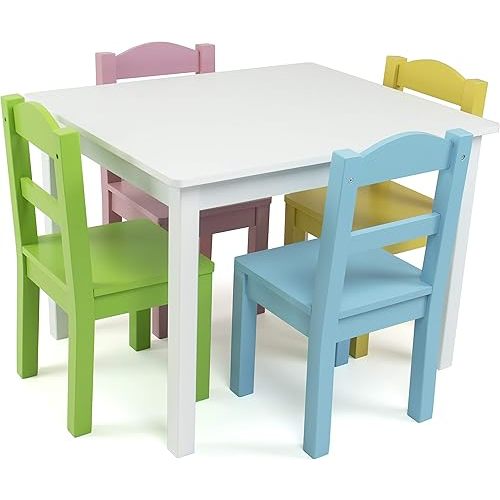 Humble Crew Kids Wooden Table and 4 Chairs Set, White/Pastels - Kids Table and Chair Set for Toddlers and Children for Arts, Crafts, and Snack Time - Sturdy, Durable Toddler Activity Table