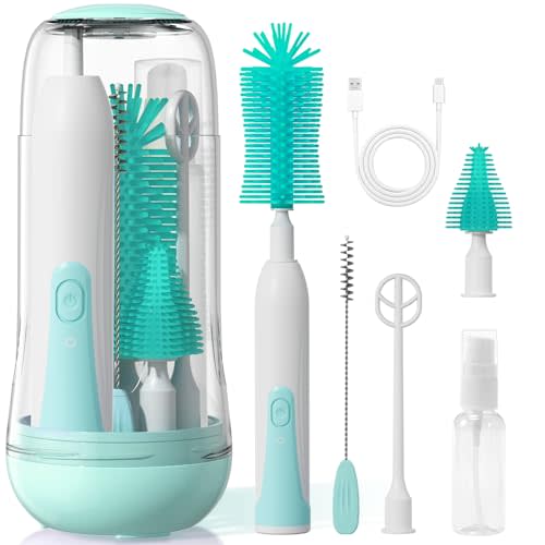 Duoffanny Electric Bottle Brush Cleaner, Baby Bottle Cleaning Kit with Nipple Straw Brushes Drying Rack Soap Dispenser Rechargable Waterproof Multi-Purpose E-Brush Set for Travel & Home, Green