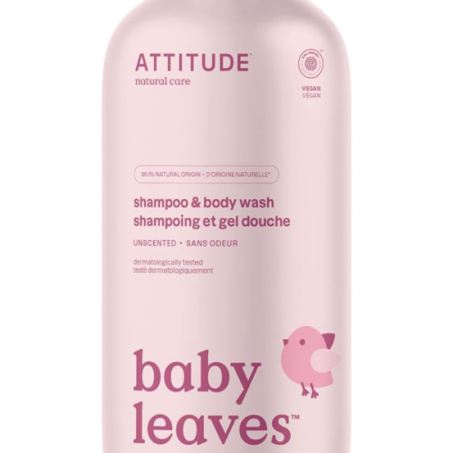 ATTITUDE 2-in-1 Shampoo and Body Wash for Baby, Fragrance-Free EWG Hypoallergenic Plant- and Mineral-Based Ingredients, Vegan and Cruelty-Free, Unscented, 16 Fl Oz