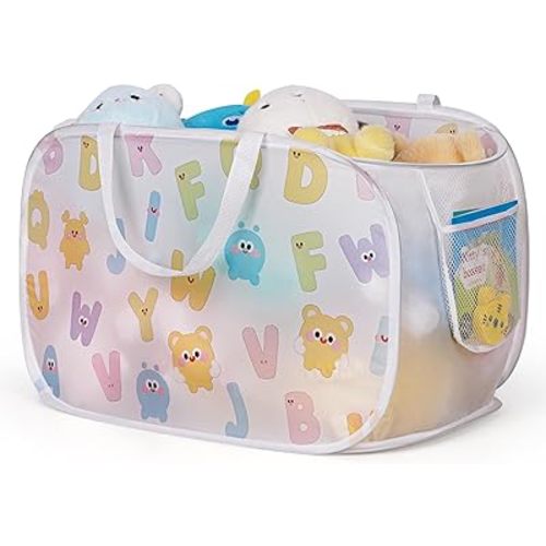 Collapsible Pop Up Hamper for Baby Clothes or Toys Storage, Mesh Hamper with Handles & Side Pocket, Multi-Use Laundry Hamper & Toy Basket, Portable for Home, Travel, Dorm (White-Horizontal)