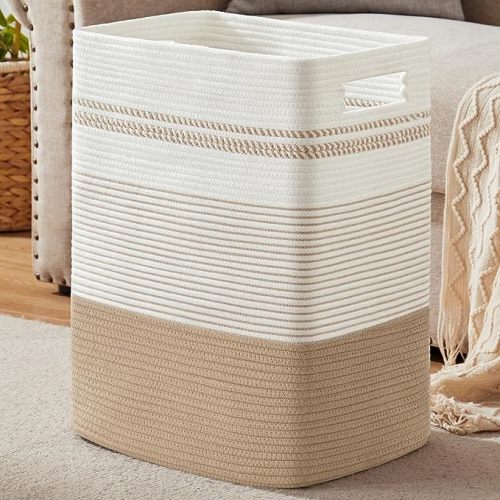 Laundry Hamper, Large Woven Rope Tall Laundry Basket with Handles, 22" X 17" X 13", Decorative Storage Basket for Clothes and Blankets in Living room, Bedroom, Jute & White