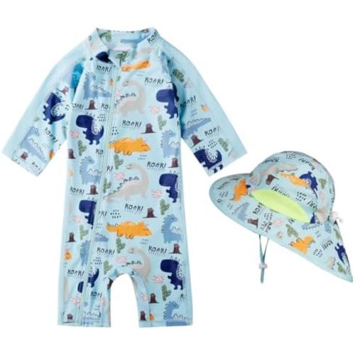 Baby Boy Swimsuit Rash Guard Toddler Sun Protection Swimwear Infant One Piece Bathing Suit with Sun Hat
