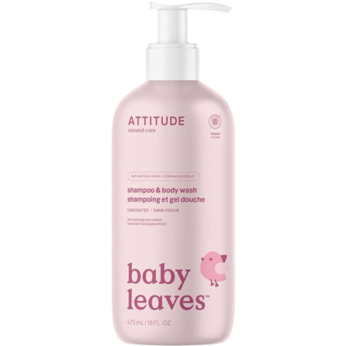 ATTITUDE 2-in-1 Shampoo and Body Wash for Baby, Fragrance-Free EWG Hypoallergenic Plant- and Mineral-Based Ingredients, Vegan and Cruelty-Free, Unscented, 16 Fl Oz