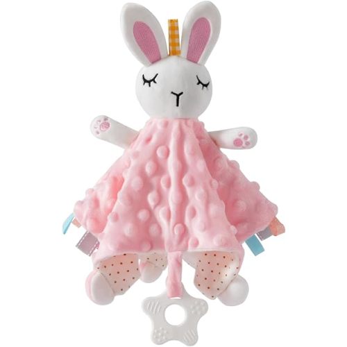 Bunny Lovey - Minky Baby Security Blanket with Bell, 10" Soft Baby Snuggle Stuffed Animals Blankie, Baby Girls Birthday Gifts for Infant and Toddler