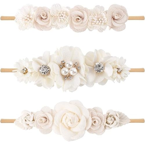 cherrboll 3pcs Baby Girl Headbands Flowers, Super Soft & Stretchy Nylon Floral Hairbands for Newborn Toddler