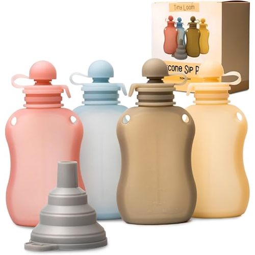 Reusable Pouches for Toddlers Silicone Refillable Baby Food Feeder with Funnel, Food Storage for Kids Squeezable Pouch, Washable & Freezer - Perfect for Fruit, Yogurt and Smoothies, 5oz, 4 Pack
