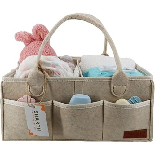 Sharth Baby Diaper Caddy Organizer with Handle, Baby Shower Gifts Basket Bag, Registry Search Must Haves Items, Nursery Storage Organizer for Newborn Girl Boy, Car Diaper Caddy (Beige)